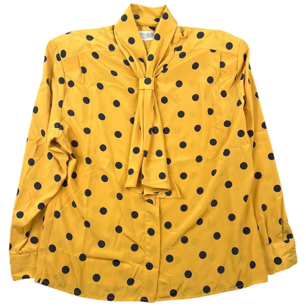 Vintage Josephine Mustard Yellow Black Polka Dot Top Tie Neck Blouse - 14